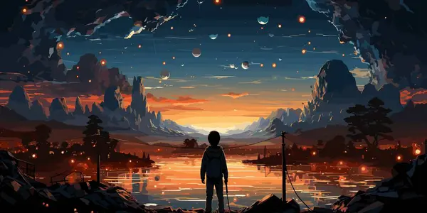 Αγόρι Στέκεται Και Κοιτάζοντας Μαγικά Βράχια Που Επιπλέουν Στον Ουρανό Διάνυσμα Αρχείου