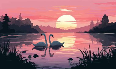 Şafak vaktindeki göldeki kuğuların sakin görüntüsü izole edilmiş.