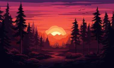 Gün batımı orman vektörü yassı minimalistik izole çizim