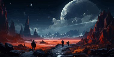 Kapüşonlu adam, mızraklı adam dev kış kurduna bakıyor, dijital sanat tarzı, resimli resim.