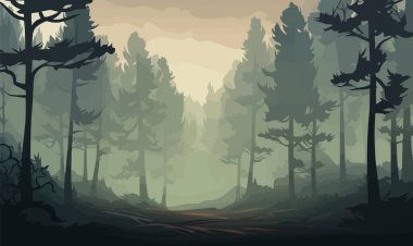 Bir orman vektöründe sisli bir sabah. Basit bir 3 boyutlu izole görüntü.