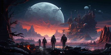 Kapüşonlu adam, mızraklı adam dev kış kurduna bakıyor, dijital sanat tarzı, resimli resim.