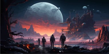 Kapüşonlu adam, mızraklı adam dev kış kurduna bakıyor, dijital sanat tarzı, resimli resim.