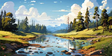 Orman taşıyıcısı arasında nehir olan vektör manzarası