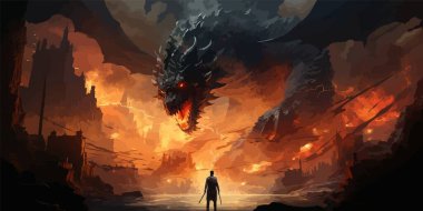 Beyaz kılıçlı şövalye dev ateş ejderhasının yanında duruyordu. Dijital sanat tarzı, resimli resim.