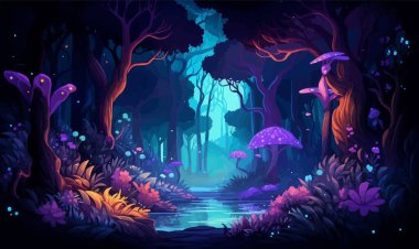 Biyolüminesans bitkileri olan mistik orman izole edilmiş bir illüstrasyon vektörü.