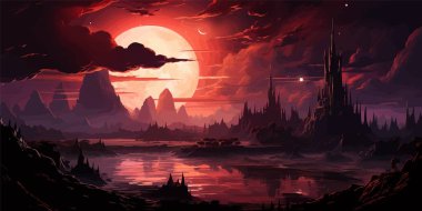 manzara gökyüzü bulutları. Bulutlarda gün batımı. İşleme stili. vektör düz parlak renkler