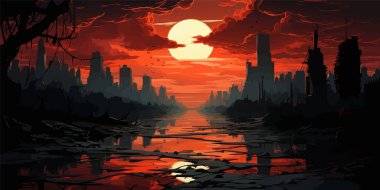 manzara gökyüzü bulutları. Bulutlarda gün batımı. İşleme stili. vektör düz parlak renkler