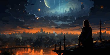 Yüzen kayalarla çevrili bir tepede duran bir uzay adamı, dijital sanat tarzı, çizimler