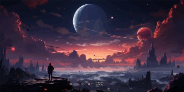 Yüzen kayalarla çevrili bir tepede duran bir uzay adamı, dijital sanat tarzı, çizimler