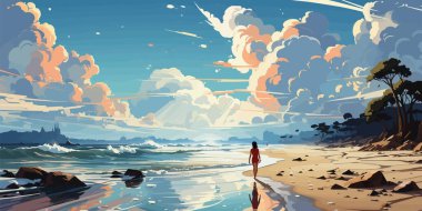 Denizde duran kadın yaz gökyüzüne bakıyor, vektör çizimi.