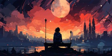 manzara gökyüzü bulutları. Bulutlarda gün batımı. İşleme stili. vektör düz parlak renkler