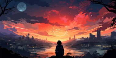 Denizde duran kadın yaz gökyüzüne bakıyor, vektör çizimi.