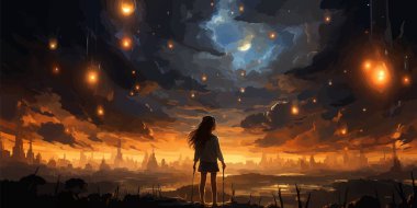 Fütürist bir adam ayakta durup gökyüzüne garip bir ışık demeti ile bakıyor, dijital sanat tarzı, resim çizimi...