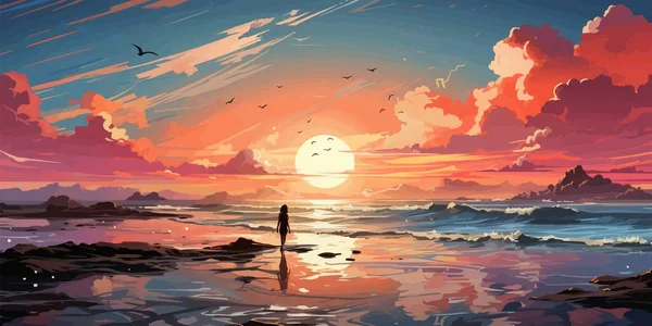 Denizde duran kadın yaz gökyüzüne bakıyor, vektör çizimi.