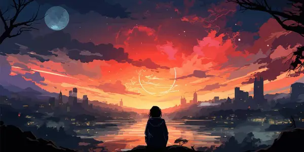 Denizde duran kadın yaz gökyüzüne bakıyor, vektör çizimi.