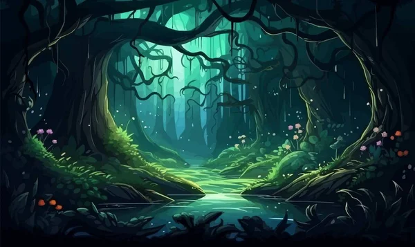 Biyolüminesans bitkileri olan mistik orman izole edilmiş bir illüstrasyon vektörü.