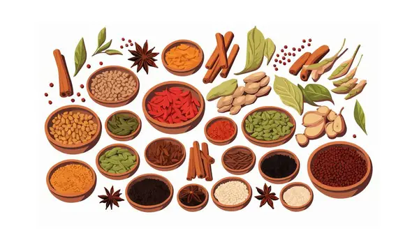 Ayurvedic Baharatlar Sağlık için İzole edilmiş arkaplan illüstrasyonunda yalıtılmış vektör biçimi
