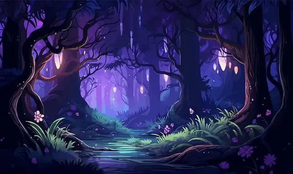Biyolüminesans bitkileri olan mistik orman izole edilmiş bir illüstrasyon vektörü.