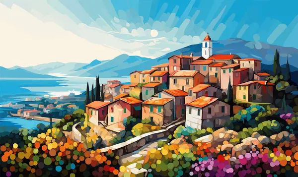 Στυλιζαρισμένη Ψηφιακή Ζωγραφική Της Αγροτικής Ιταλίας Πόλη Καλειδοσκόπιο Λιθόστρωτα Ζωντανά Διανυσματικά Γραφικά