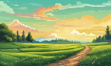 Çimenli orman manzarası, doğa ekolojik vektör çiziminden esinlenmiştir.