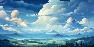 Kümülonimbus bulutları parlak mavi gökyüzü vektörü düz parlak renkler