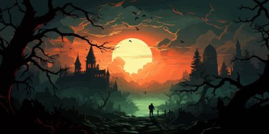 Mezarlığın arka planındaki zombi kıyameti. Mezarlıkta yürüyen korkunç zombi siluetleri..