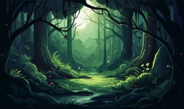 Çimenli orman manzarası, doğa ekolojik vektör çiziminden esinlenmiştir.