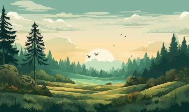 Çimenli orman manzarası, doğa ekolojik vektör çiziminden esinlenmiştir.