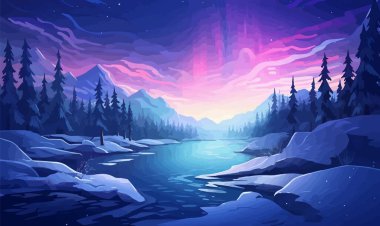 Aurora Borealis vektörlü karlı arazi basit izole bir illüstrasyon