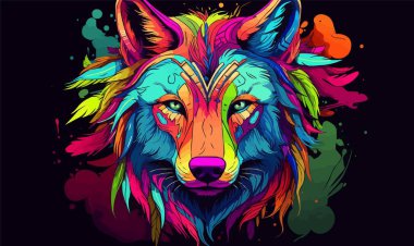 Kabile ruhu hayvan kurt başı renkli doğa vektörü illüstrasyonu