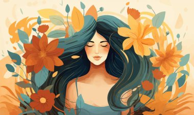 Çiçeklerin rengarenk çizimlerine sahip kadın zihinsel sağlık yaşam tarzı kişisel bakım kavramı