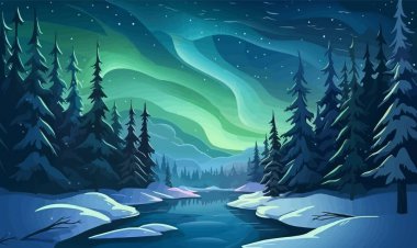 Kış nehri, kuzey ışıkları. Vektör illüstrasyonu