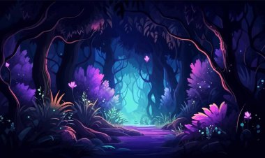 Biyolüminesans bitkileri olan mistik orman izole edilmiş bir illüstrasyon vektörü.