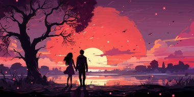 Tatlı kawaii anime tarzı kavramlarda tatlı romantik manzara pastel vektör çizimi