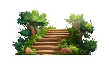 Doğal bitki örtüsündeki ahşaptan yapılmış merdivenler izole edilmiş vektör stili çizimi