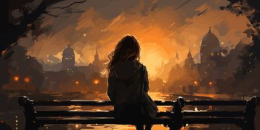 arkadan görünüşü bokeh ışık, dijital sanat tarzı, boyama çizim ile bir bankta oturan genç kadın