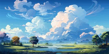 Kümülonimbus bulutları parlak mavi gökyüzü vektörü düz parlak renkler