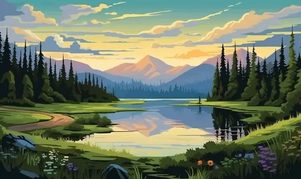 Çimenli orman manzarası, doğa ekolojik vektör çiziminden esinlenmiştir.