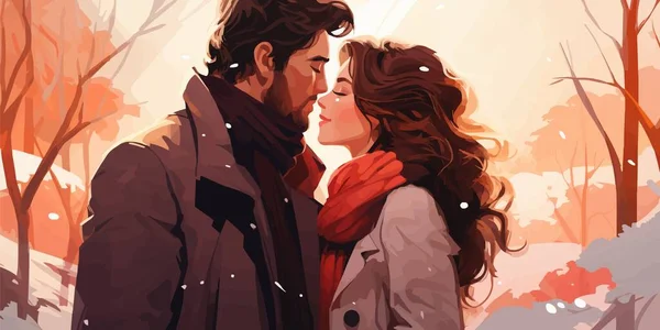 Ζευγάρι Στην Αγάπη Γυναίκα Και Άνθρωπος Φιλιά Έξω Χειμώνα Χιόνι Διανυσματικά Γραφικά