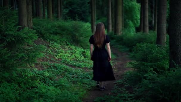 長いドレスと茶色の長い髪の若い女性は 濃い暗い森の中の森の道を歩いています 週末に自然の中で一人で散歩する — ストック動画