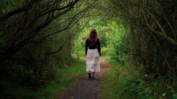 Uma Menina Vestida Preto Estava Caminhando Caminho Floresta Câmera Volta — Vídeo de Stock