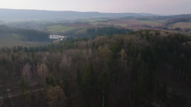 Vista Aérea Árvores Primavera Paisagem Rural Com Lagoas Campos Florestas — Vídeo de Stock