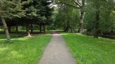 Parkın ortasındaki yolda nehrin yanında gölgeli ağaçlar vardı. 4K videoları.
