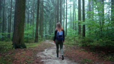Genç kız sonbaharda bir patika boyunca sık bir ormanda ağır çekimde yürür. Soğuk bir sabahta güzel doğal manzara. Doğada zihinsel enerji yükleniyor