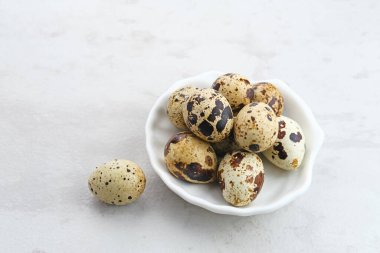 Gri arka planda kasede servis edilen taze bıldırcın yumurtaları. Metin için boşluk