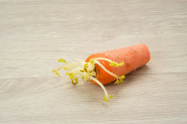 Cut Carrot Sprouts Wooden Table — Stock Photo, Image
