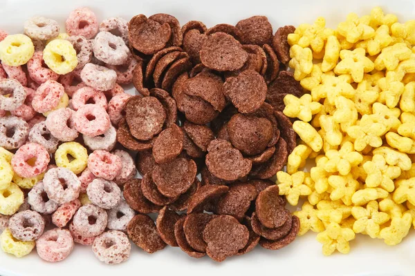 Varios Cereales Para Desayuno Hojuelas Chocolate Copos Colores Estrella Miel — Foto de Stock