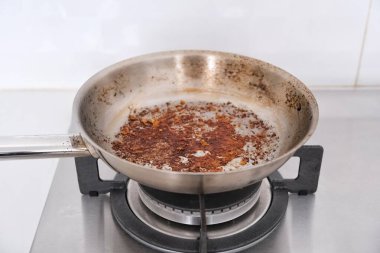 Dirty, oily and burnt stainless steel frying pan clipart