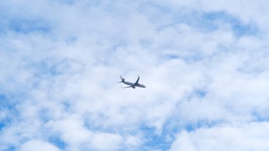 Uçak havada, mavi gökyüzü arkaplanı